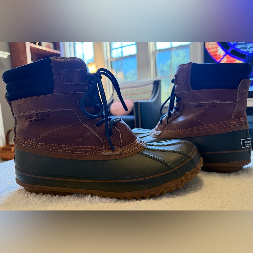 London Fog Insulated Rain Boots Brown Leather & Navy Blue Men’s Size 11